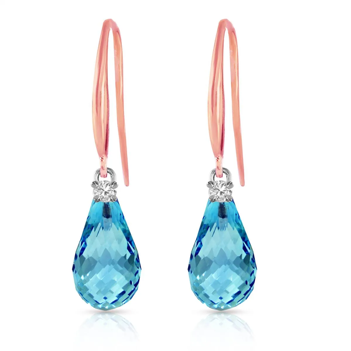 14K Solid Rose Gold Fish Hook Diamond & Blue Topaz Earrings Certified