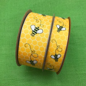 Buzzing Bees Ribbon with a yellow comb printed on 1.5"  grosgrain