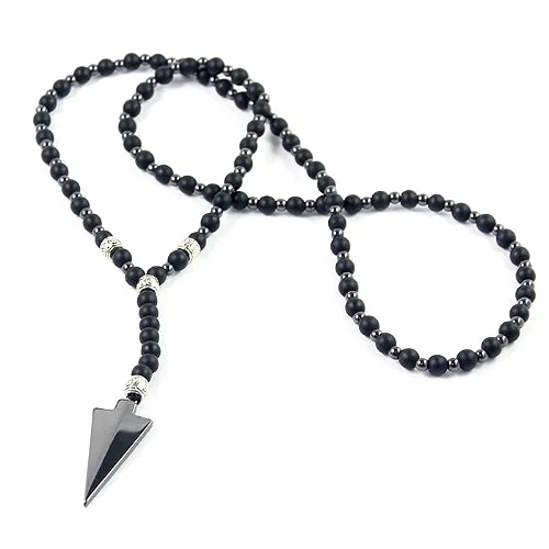 Classy Men Long Black Beaded Arrow Necklace