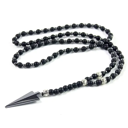 Classy Men Long Black Beaded Arrow Necklace