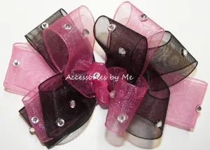 Glitzy Hot Pink Black Organza Hair Bow