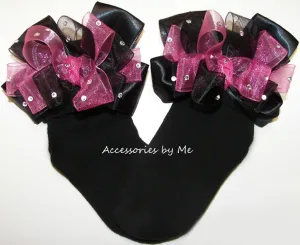 Glitzy Hot Pink Black Organza Satin Bow Socks