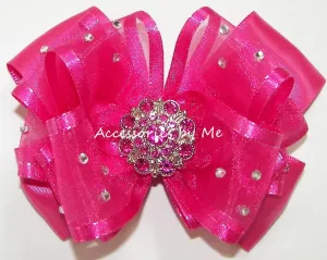 Glitzy Shocking Pink Organza Satin Trim Hair Bow