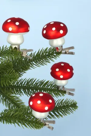 Set of 4 Holiday Glass Mushroom Christmas Tree Clips