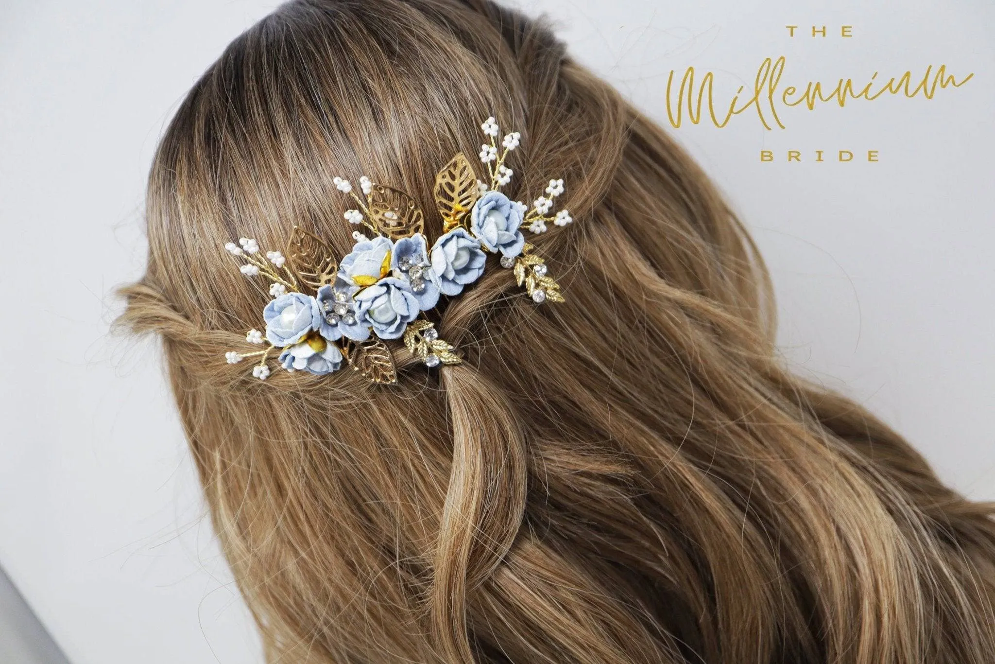 Swarovski Crystals Pearl Light Blue flower Hair Comb' Bridal Hair Accessories, Wedding Hair Accessory, Bridal Blue Hair Comb And Pins Set.