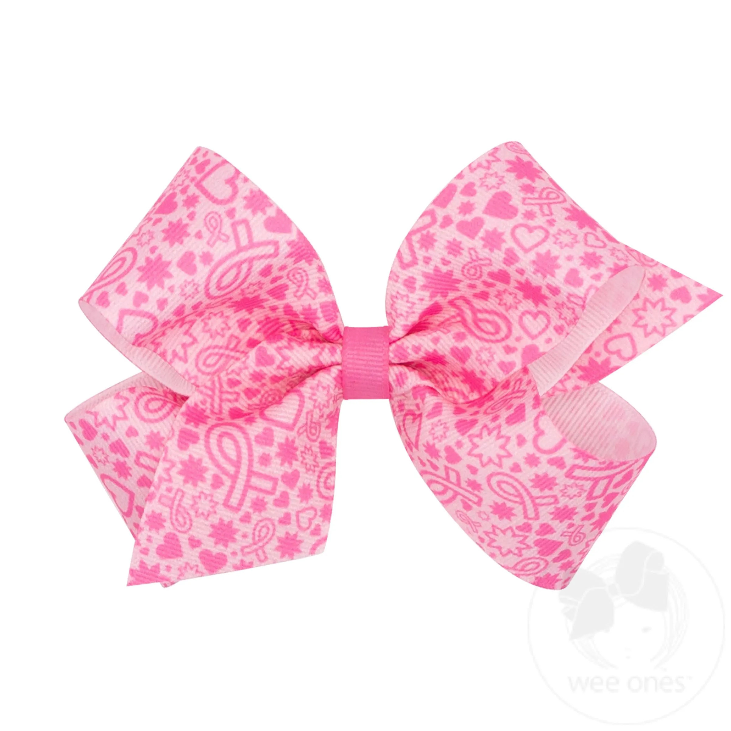 Think Pink! Medium Breast Cancer Pattern Print Grosgrain Hair Bow